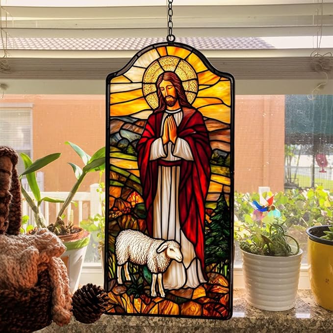 Jesus Acrylic Suncatcher Stained Glass Effect Window Car Hanging Christmas Ornament Indoor Outdoor Decor Garden Memorial Sun Catcher for Family Christmas Jesus Gift for Women Mom Grandma