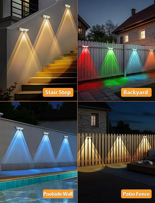 Solar Fence Lights, 7 RGB Colors, Warm White, Cool White Bright Lens LED, Dusk to Dawn Deck Light, Fence Solar Lights Outdoor Waterproof for Backyard/Railing/Wall/Step/Patio/Pool (16 Pack White Shell)