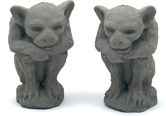 Sitting Gargoyle Statue (Set/2): Solid Durable Stone with Distressed Texture. Perfect Home Design & Sealed for Outdoor Use. Handcrafted USA. (Antique/Gray)
