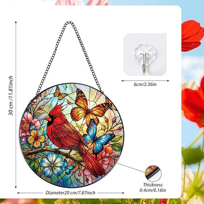Rngmsi Stained Glass Window Hanging, 7.8″ Cardinal Sun Catchers with Hook Indoor Window Bird Butterfly Decor, Decorative Suncatchers Hanging Ornaments Home Garden Art Gift for Housewarming