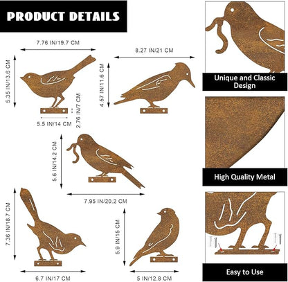 Rusty Metal Bird Silhouette Garden Decor - 5 Pack Metal Bird Art Fence Topper Decorations,Rustic Bird Sculptures for Outdoor Yard, Patio, Fence, Tree, Garden Gifts for Mom, Grandma, Bird Lovers