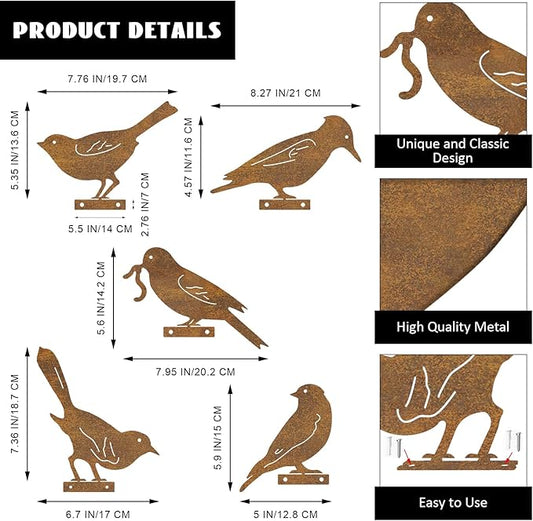 Rusty Metal Bird Silhouette Garden Decor - 5 Pack Metal Bird Art Fence Topper Decorations,Rustic Bird Sculptures for Outdoor Yard, Patio, Fence, Tree, Garden Gifts for Mom, Grandma, Bird Lovers