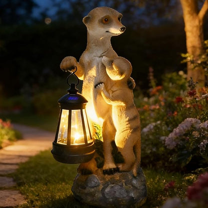Meerkat Mother & Baby Solar Garden Statue Outdoor Decor Resin Figurine with Lantern Lights Waterproof Lawn Ornament Animal Sculpture for Patio Yard Porch Christmas