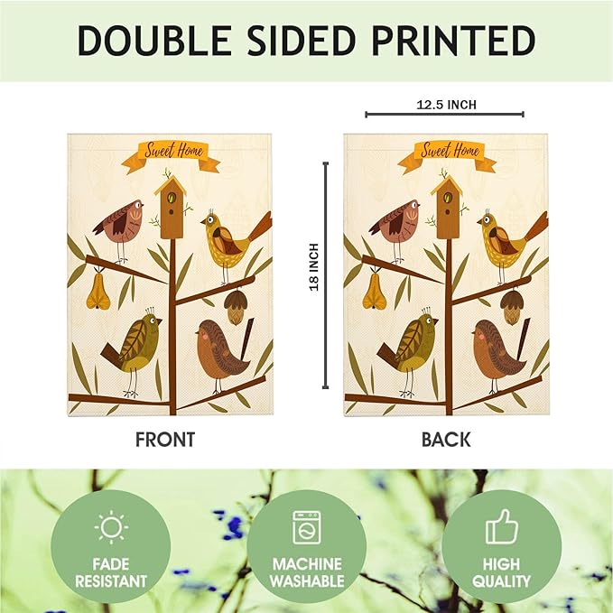 Mugod Bird Spring Summer Garden Flag, Birds on Birdhouse Vertical Double Sided Burlap Yard Flag 12.5x18 Inch for Home Villa Patio Lawn Outdoor Decor