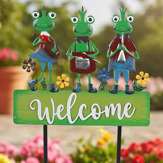 Frog Garden Stakes Decorative Large 41.7inch with Welcome Yard Sign, Whimsical Musical Frogs for Garden Decor Metal Yard Art Outdoor