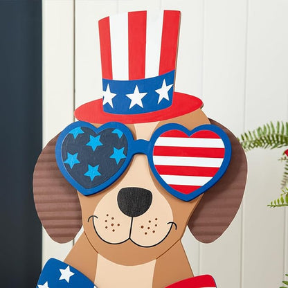 Glitzhome 30"H Patriotic Porch Sign Wooden Americana Labrador-shape Easel Porch Decor Front Door Sign for 4th of July Independence Day Memorial Day Decoration