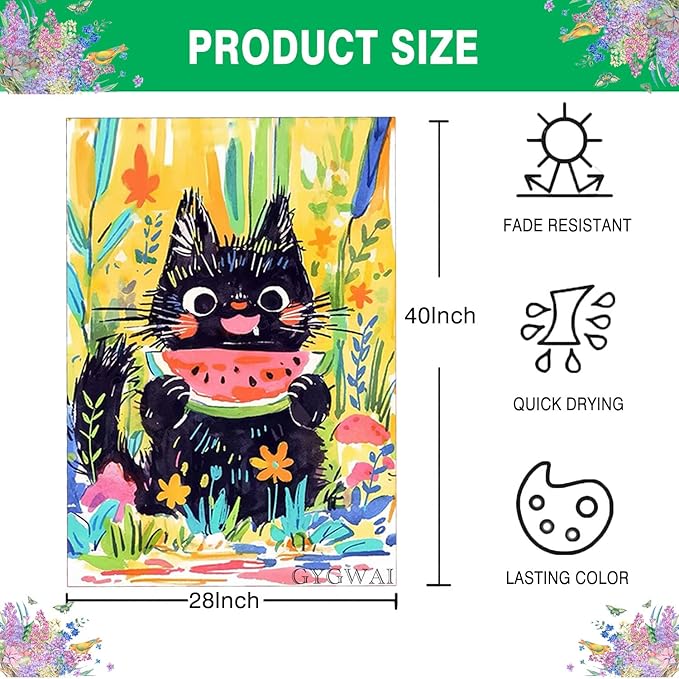 Summer Cat House Flag 28 x 40 Inch Double Sided, Cute Black Cat Eating Watermelon with Floral Flowers Large Burlap Yard Garden Flag Seasonal Outside Outdoor Decorations