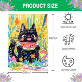Summer Cat House Flag 28 x 40 Inch Double Sided, Cute Black Cat Eating Watermelon with Floral Flowers Large Burlap Yard Garden Flag Seasonal Outside Outdoor Decorations