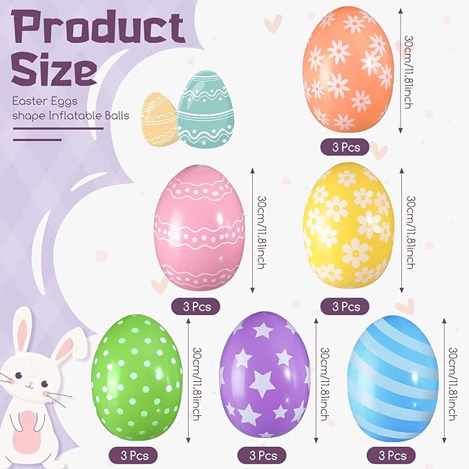 18 Pieces 12 Inch Inflatable Easter Eggs Easter Outdoor Yard Decoration Large Inflatable Hanging Eggs Ornaments Giant PVC Kids Toys for Garden Lawn Party Decor