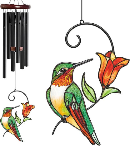 Personalized Metal Wind Chime Garden Sign, 40 Inch Outdoor Colorful Bird & Flower Memorial Decor, Yard Hanging Plaque for Patio Porch Lawn (JSTY366)
