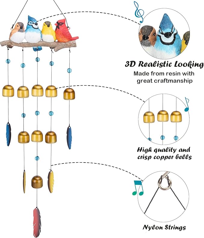 Taman Bird Wind Chime - 29" Wind Bell Valentine's Day Gift for Outside Indoor Cardinal,Blue Bird Decorative Bronze Wind Chime Memorial Sympathy Gift for Home, Outdoor, Yard, Patio,Garden Decor