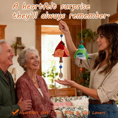 Ceramic Wind Chime Gift Set with 3D Pop Up Card - Handmade Memorial Healing Chimes for Outdoor/Indoor | Soothing Patio Decor | Unique Sympathy Gifts for Mom & Bird Lovers (Red+Green)