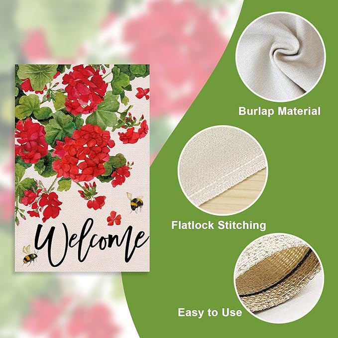 Welcome Spring Geranium Decorative Garden Flag, Red Floral Flowers Bee Yard Outside Decorations, Summer Farmhouse Outdoor Small Home Decor Double Sided 12 x 18
