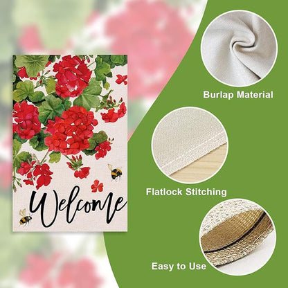 Welcome Spring Geranium Decorative Garden Flag, Red Floral Flowers Bee Yard Outside Decorations, Summer Farmhouse Outdoor Small Home Decor Double Sided 12 x 18