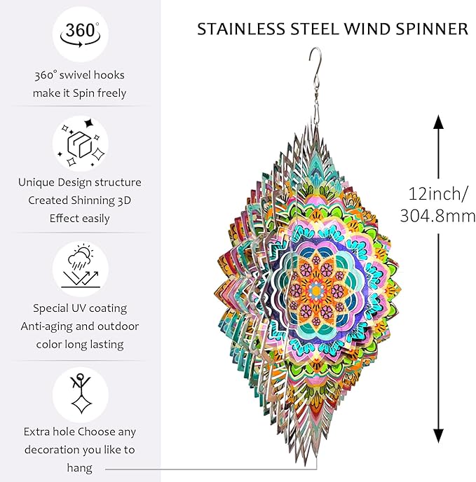 Aoedelyart Wind Spinners Outdoor Mandala Lucky Clover,Wind Spinner Lucky Gifts for Women/Mother/Father/Men,Stainless Steel Kinetic 3D Wind Spinner Outdoor&Indoor Decoration Yard Art Garden Decor