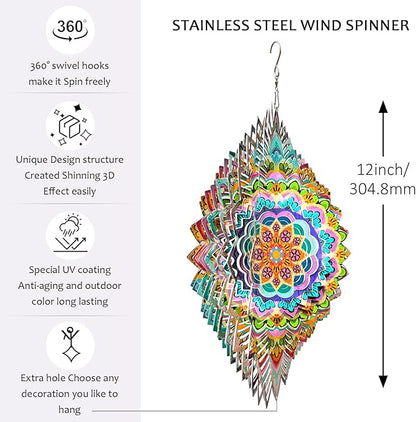Aoedelyart Wind Spinners Outdoor Mandala Lucky Clover,Wind Spinner Lucky Gifts for Women/Mother/Father/Men,Stainless Steel Kinetic 3D Wind Spinner Outdoor&Indoor Decoration Yard Art Garden Decor