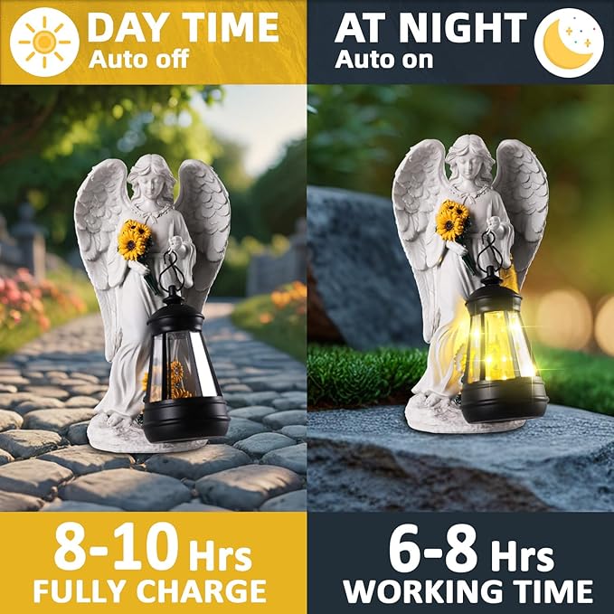 Sympathy Gifts for Loss of Loved One- 8.8" Resin Angel Figurines Holding Sunflowers Waterproof Angel Decor Cemetery Decorations for Grave-Grave Decorations for Cemetery
