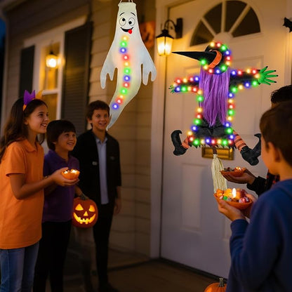 Crashing Witch into Tree Halloween Outdoor Decoration with 2 Pack 43‘’ Hanging Ghost Light Up Ghost Decorations, Halloween Decor for Yard Garden Porch