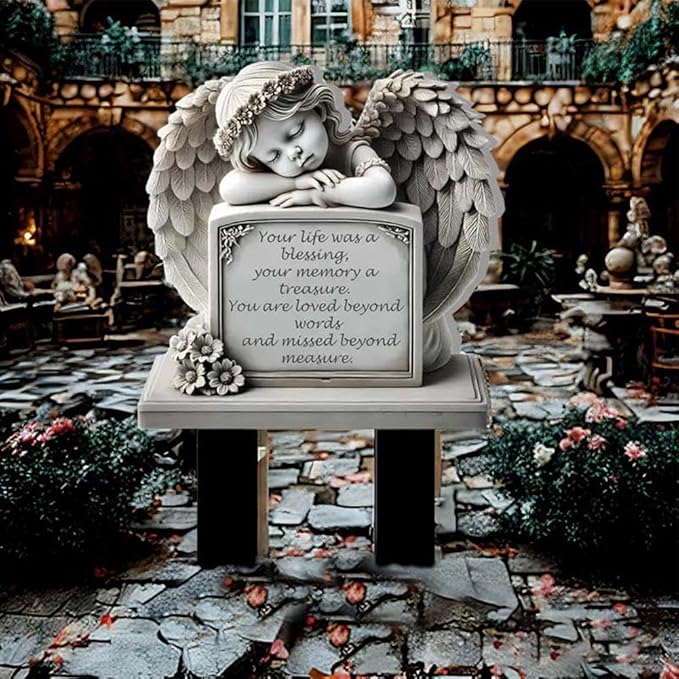 Garden Angel Statue, Angel Tombstone Commemorative Plaque, Memorial Plaque with Sleeping Angel Garden Statue, Sympathy Gift Human Memorial Gifts, in Memory of Loved One, Bereavement Gifts