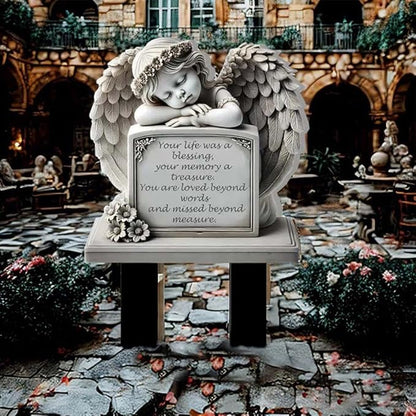 Garden Angel Statue, Angel Tombstone Commemorative Plaque, Memorial Plaque with Sleeping Angel Garden Statue, Sympathy Gift Human Memorial Gifts, in Memory of Loved One, Bereavement Gifts