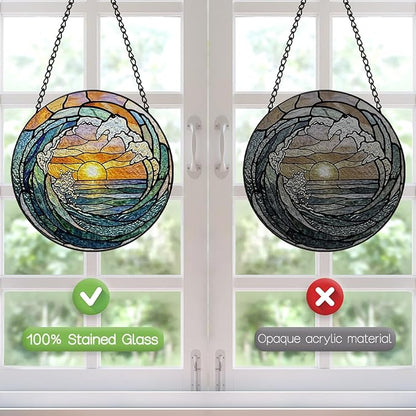 Stained Glass Window Hanging, 8 Inch Ocean Wave Suncatcher, Sun Catchers Indoor Window, Beach Coastal Suncatchers for Windows Hanging, Spring Home Garden Decor Panel, Beach Lover Gifts for Women Mom