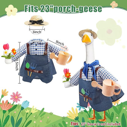 GJL Gardener Porch Goose Outfit Fits 23 Inch Cement Plastic Goose Statue, 2-Piece Porch Goose Clothes with Hat, Tools, Scarf, Watering Can & Flower Pot Design for Spring Summer Outdoor Garden Decor