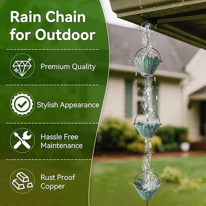 Rain Chains for Outside, 8.7FT Gutter Chain with 12 Lotus Cups Rain Catcher Chain Replacement Downspout for Gutters Eaves Drainage Decor, Bronze
