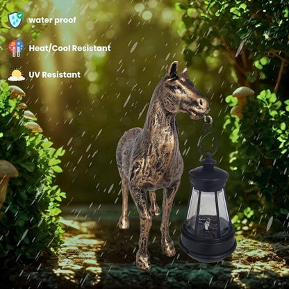 Horse Garden Statue with Solar Lantern,Garden Outdoor Horse Figurines Decor for Farmhouse Patio Yard Lawn Home Gifts for Mom Grandma Wome Housewarming Christmas Birthday (Bronze)