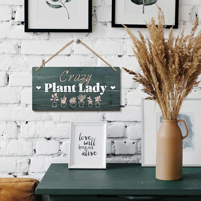 Heuhuww Plant Lover Gifts,Crazy Plant Lady Wood Sign 6x12 Inch Funny Garden Gift,Garden Door Decor,Plant Lady Hanging Gardening Signs for Plant Mom Plant Lovers