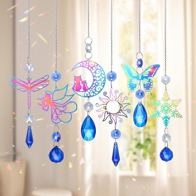6Pieces Blue Crystals Suncatchers Hanging Sun Catcher with Chain Pendant Ornament Crystal Prisms for Window Home Decoration