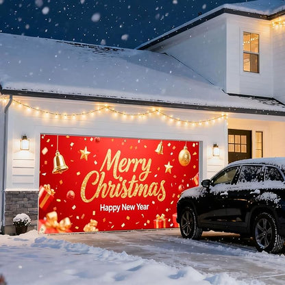 IVN Christmas Garage Door Cover Decoration 13x6ft Sparkling Gold Lettering Confetti Bells and Gifts Merry Christmas Winter Garage Door Banner Home Door Front Yard Decor for Xmas Eve Holiday Outdoor
