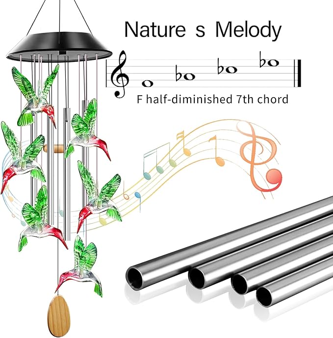 Solar Powered Hummingbird Wind Chimes with 4 Music Aluminum Tubes, Hummingbird Wind Chimes for Outside,Best Gifts for Mom Grandma Women Wife Aunt Sister, Unique Mobile Wind Chime, Garden Yard Decor