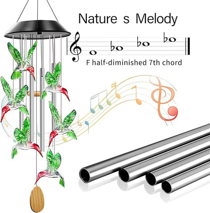 Solar Powered Hummingbird Wind Chimes with 4 Music Aluminum Tubes, Hummingbird Wind Chimes for Outside,Best Gifts for Mom Grandma Women Wife Aunt Sister, Unique Mobile Wind Chime, Garden Yard Decor