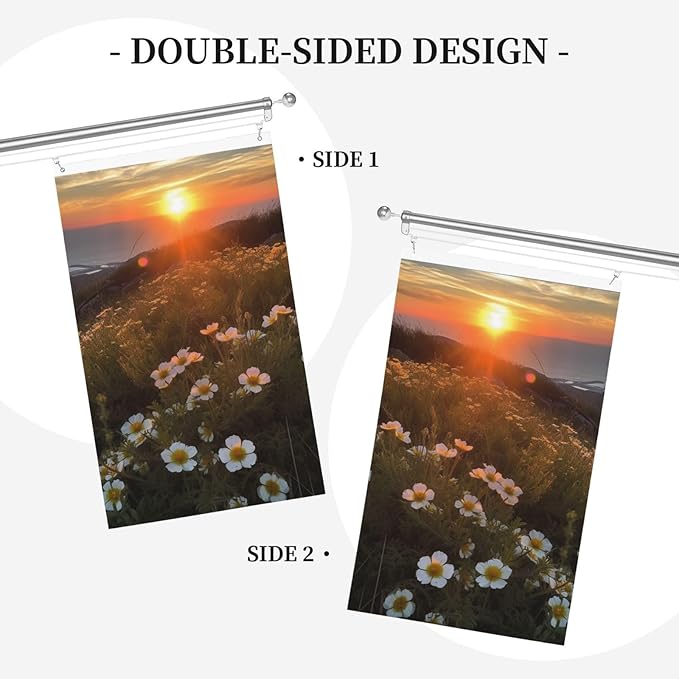 Sunset and Flowers Flag 3x5 Ft Outdoor Flags Vertical Double Sided Garden Flag Funny Outside Yard Flag Party Banner for Wall Art Hanging Poster Indoor Outdoor Decoration