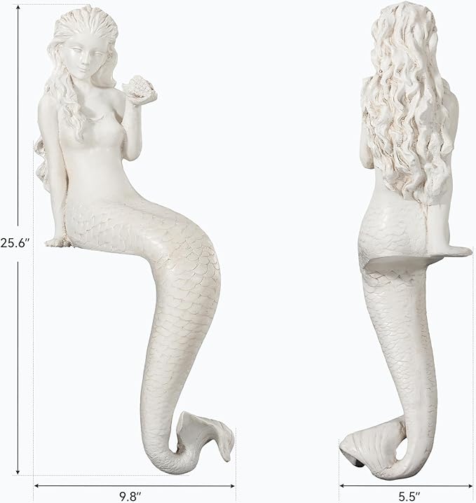 Mermaid Statue Outdoor, Large 25.6 Inch Garden Sculpture Figurines for Lawn and Patio Decor, Durable MGO Stone Yard Art with Weatherproof Finish for Indoor Decor Christmas Gift Antique White