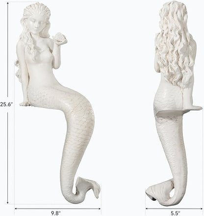 Mermaid Statue Outdoor, Large 25.6 Inch Garden Sculpture Figurines for Lawn and Patio Decor, Durable MGO Stone Yard Art with Weatherproof Finish for Indoor Decor Christmas Gift Antique White
