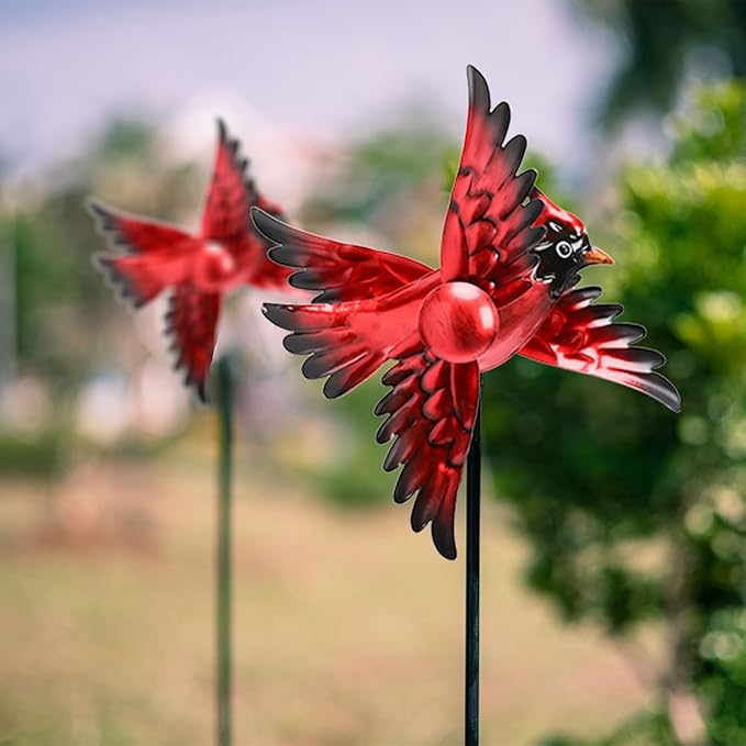 MUMTOP Cardinal Wind Spinner Outdoor, 2 Pack Metal Red Birds Windmill for Yard Art, Garden Decor