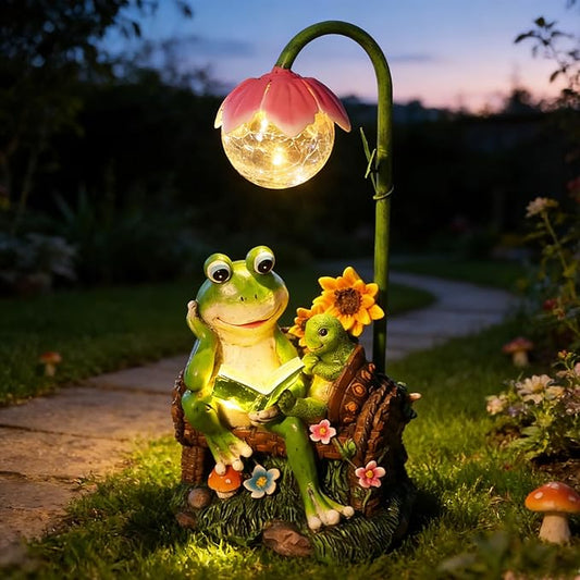 Afirst Solar Garden Statues, Frog Statues Outdoor Resin Figurine with Solar Lights Statue Decorations for Lawn, Patio, Balcony, Yard Ornament, Frog&turtle