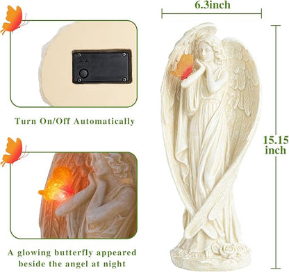 Angel Figurine, Large Angel Garden Statues Outdoor with Butterfly Solar LED Lights Lawn Decorations Yard Ornament Sculptural for Outside Patio Decor, Angel Gardening Gifts