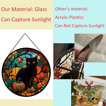 Black Cat Pattern Suncatcher Stained Glass,Hanging Stained Glass for Windows for Cat Lovers,20cm/7.87inch Hand-Painted Sun Catcher Garden Hangings Halloween Fall Christmas Decor for Home