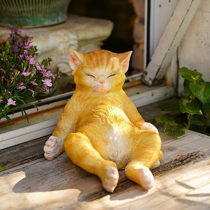 Orange Cat Garden Statue, Funny Resin Cat Figurine for Outdoor Indoor Decor, Cute Relaxing Cat Sculpture for Patio Yard Lawn Porch Shelf, Cat Lover Gift, Weather Resistant, 9.8" L x 5.9" W x 6.7" H