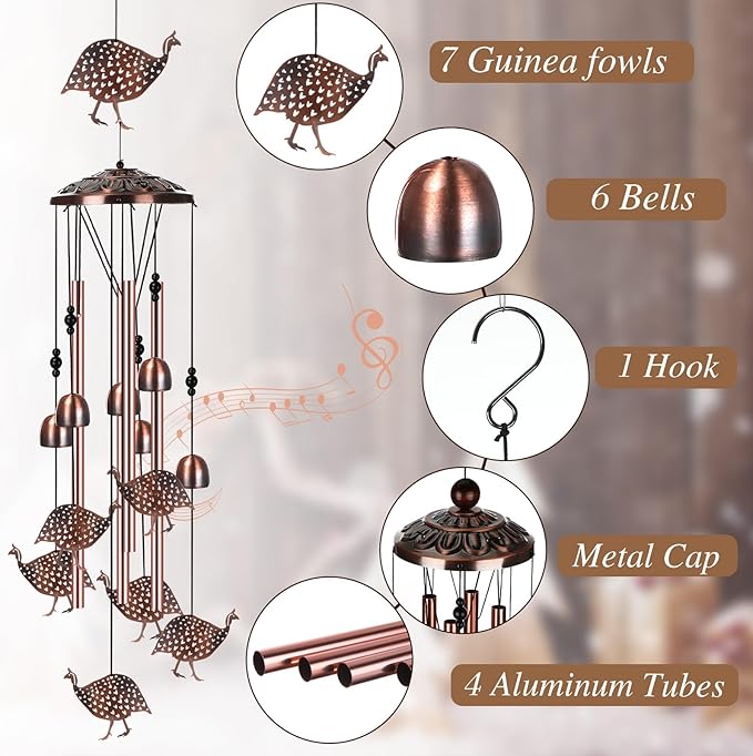 Briwooody Guinea Fowl Wind Chimes for Outside Guinea Fowl Gifts for Women Mom Metal Wind Chimes Memorial Birthday Decor for Outdoors Patio Garden Porch Yard Home Decoration