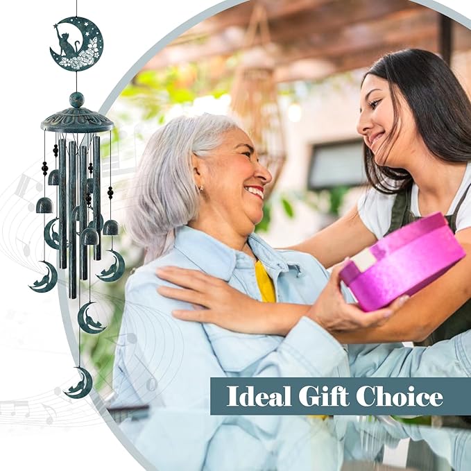 Cat on the Moon Wind Chimes for Outside - 35" Large Metal Windchime with 6 Cat Charms & 4 Tuned Aluminum Tubes - Memorial Pet Sympathy Gift, Verdigris Bronze Garden Decor for Yard, Porch, Patio