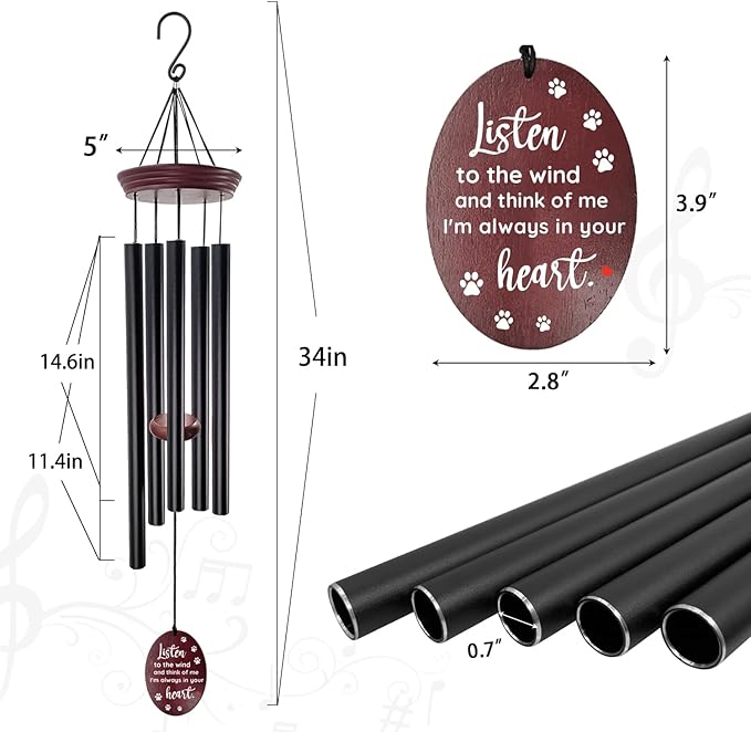 Pet Memorial Wind Chimes for Loss of Dog - Sympathy Windchimes with Deep Tone 5 Tuned Tubes, Loss of Pet Sympathy Gift, Dog Passing Remembrance Gifts, Outside Garden Decor