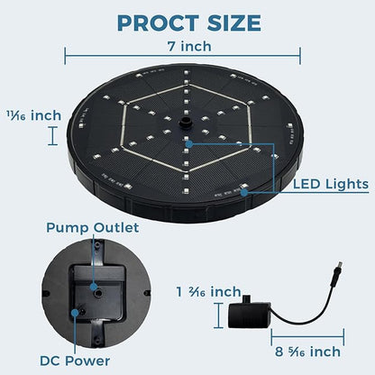 Solar Fountain for Bird Bath with Colorful LED Lights, Floating Solar Fountain, 3W Solar Powered Water Fountain Pump with Strong Spray & 5 Nozzles for Garden, Pond, Pool, 36 LED Lights