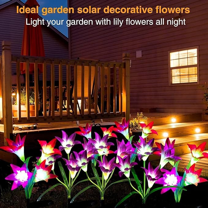 ANGMLN 4 Pack Solar Flower Lights,16 Bigger Head Solar Lily Flowers, 7 Color Changing Pathway Lights for Garden Patio Yard Outdoor Garden Stake Decoration (Purple2&White1&Pink1)