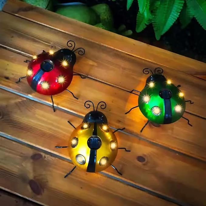 keeda Solar Ladybugs Garden Decor, Waterproof 5.5 Inch Metal Lady Bugs Cute Wall Art LED Garden Light Outside Decor for Porch Lawn Patio Balcony Pathway (Red)