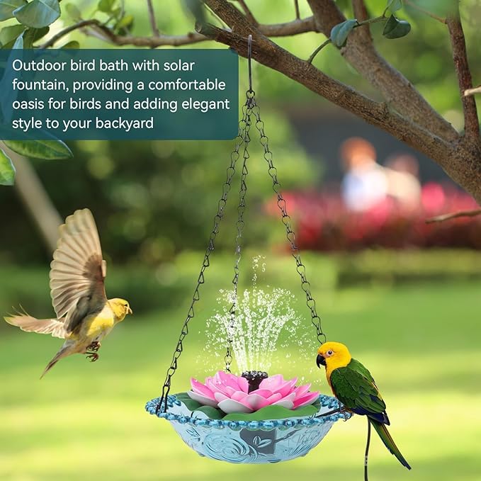 Hanging Bird Bath with Solar Fountain, Multi Functional Lotus Bird Bath Bubbler Birdbath Water Fountain Pump for Hummingbird Feeder Drinking