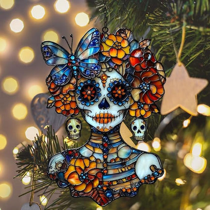 Floral Skeleton Acrylic Suncatcher Stained Glass Effect Window Car Hanging Christmas Ornament Indoor Outdoor Decor Garden Sun Catcher Panel for Sugar Skull Lover for Women Mom Grandma
