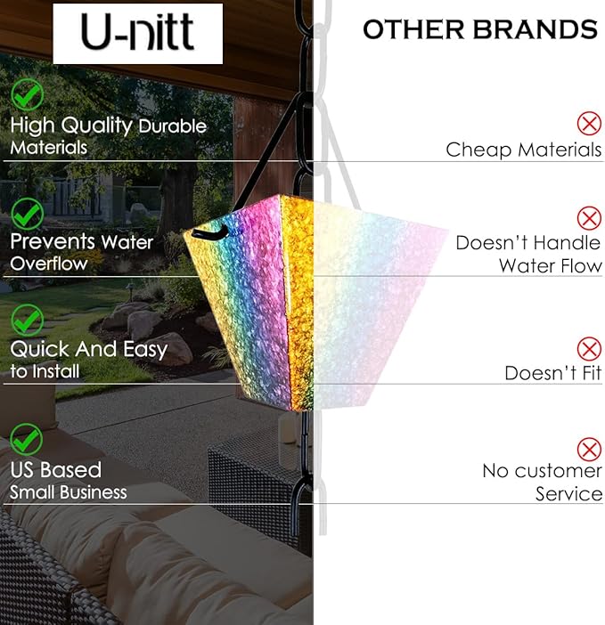 U-nitt Rain Chain Water Collection for Gutters Rainwater Catcher & Diverter, 8.5 FT Chains for Outside Garden, Rainbow Square Cups, Roof Downspout, Works with Heavy Rain, w/ Gutter Clip for Rainchains